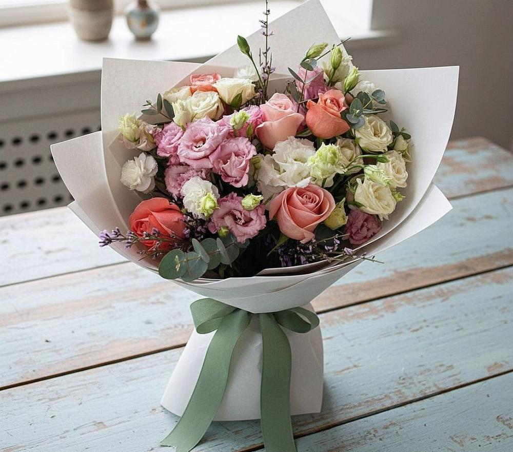 Букет цветов из: Розы, Лизиантусы и Гвоздики в Армизонском